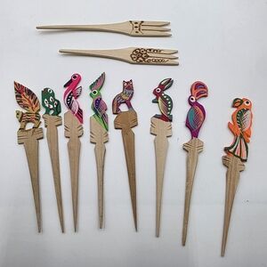 Handpainted Colorful Wooden Bird And Animal Cocktail Picks Set